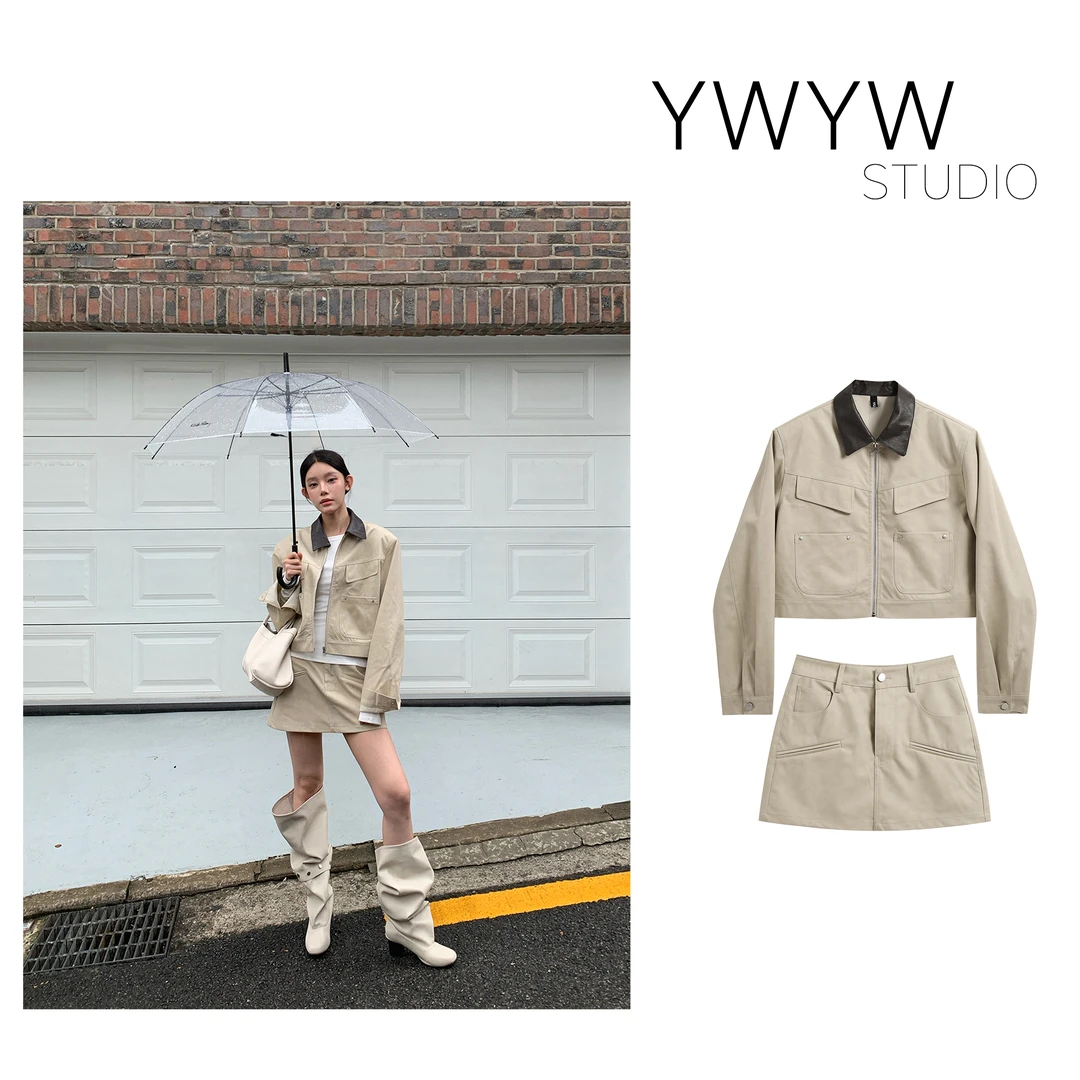 【YWYW25F/W】复古ins风百搭翻领工装短外套+高腰修身短裙套装5300