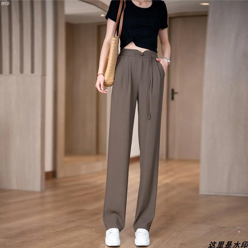 2025春夏新款高腰显瘦窄版阔腿裤休闲百搭透气冰丝垂感直筒西裤女