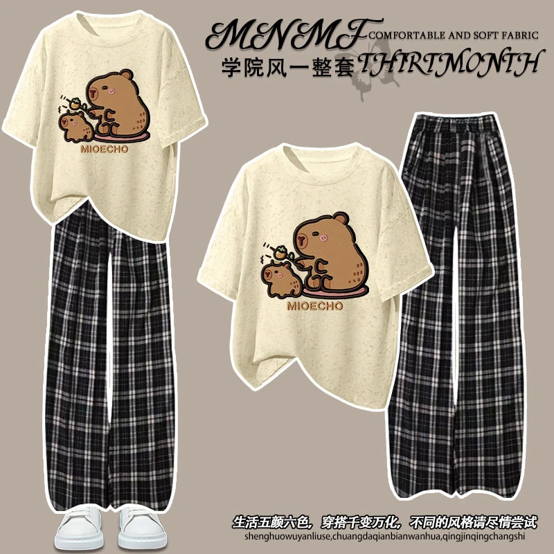 仿刺绣卡皮巴拉夏季套装男女童扎染短袖格子裤时髦百搭学生两件装