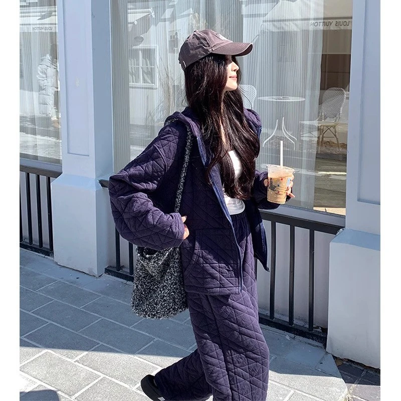 菱格棉服套装女冬季加绒加厚宽松休闲欧货运动卫衣两件套洋气减龄