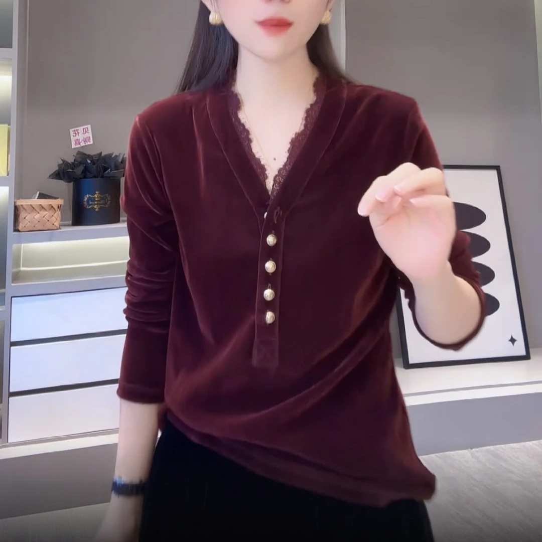 设计感排扣蕾丝边拼接丝绒T恤女2025新款秋冬季气质百搭长袖上衣
