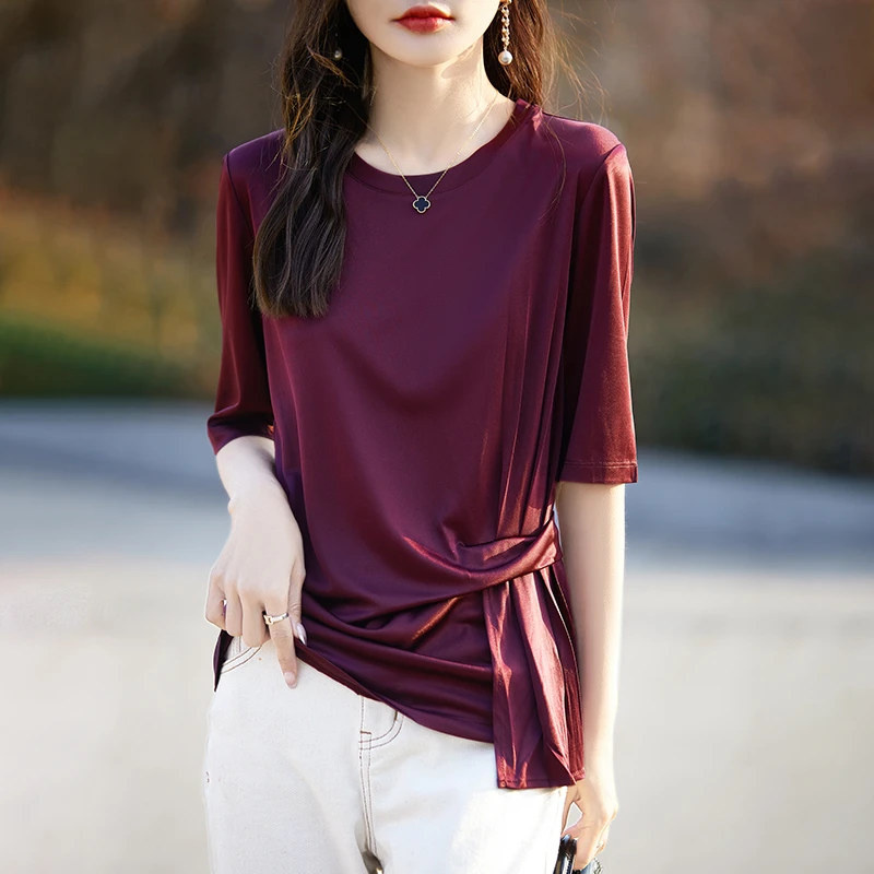 高级感小众醋酸短袖女夏季新款圆领遮肚宽松气质纯色丝滑显瘦T恤
