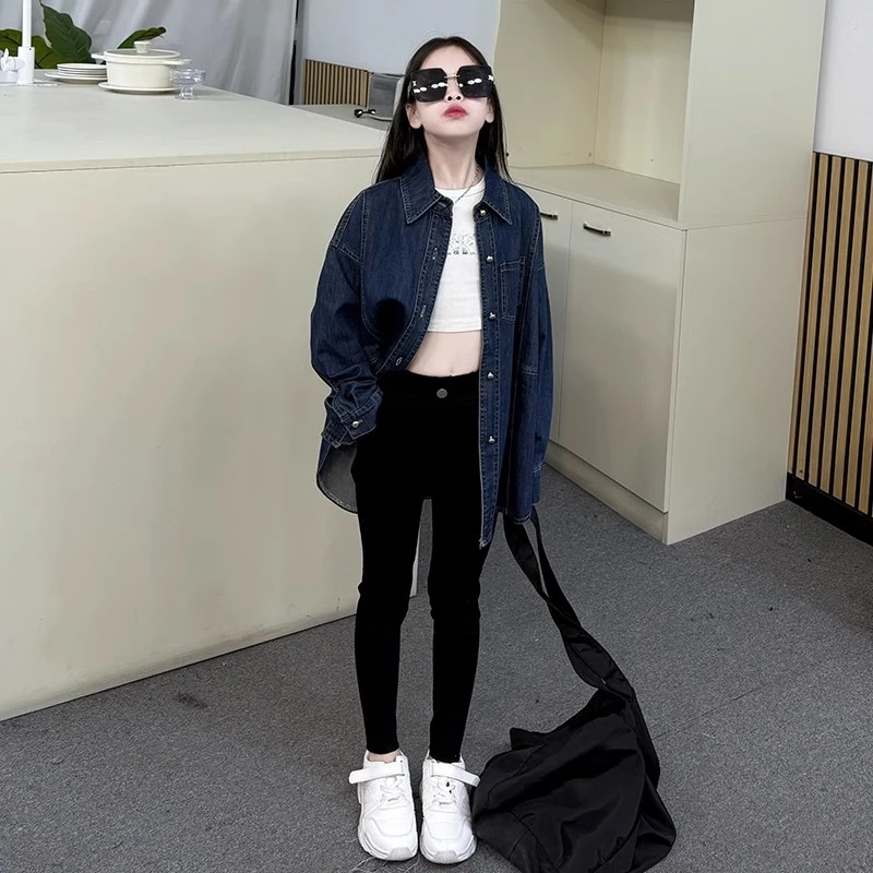 女童洋气牛仔衬衫外套2025春季新款大童女孩复古百搭上衣时髦春装