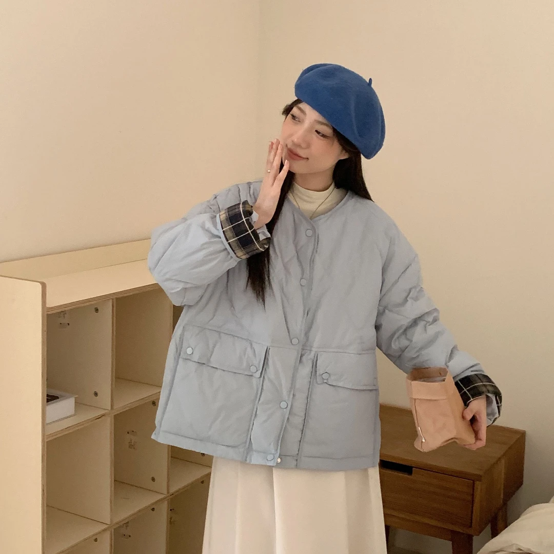 韩系圆领格菱拼接面包服女2025新款气质宽松单排扣小个子棉服外套