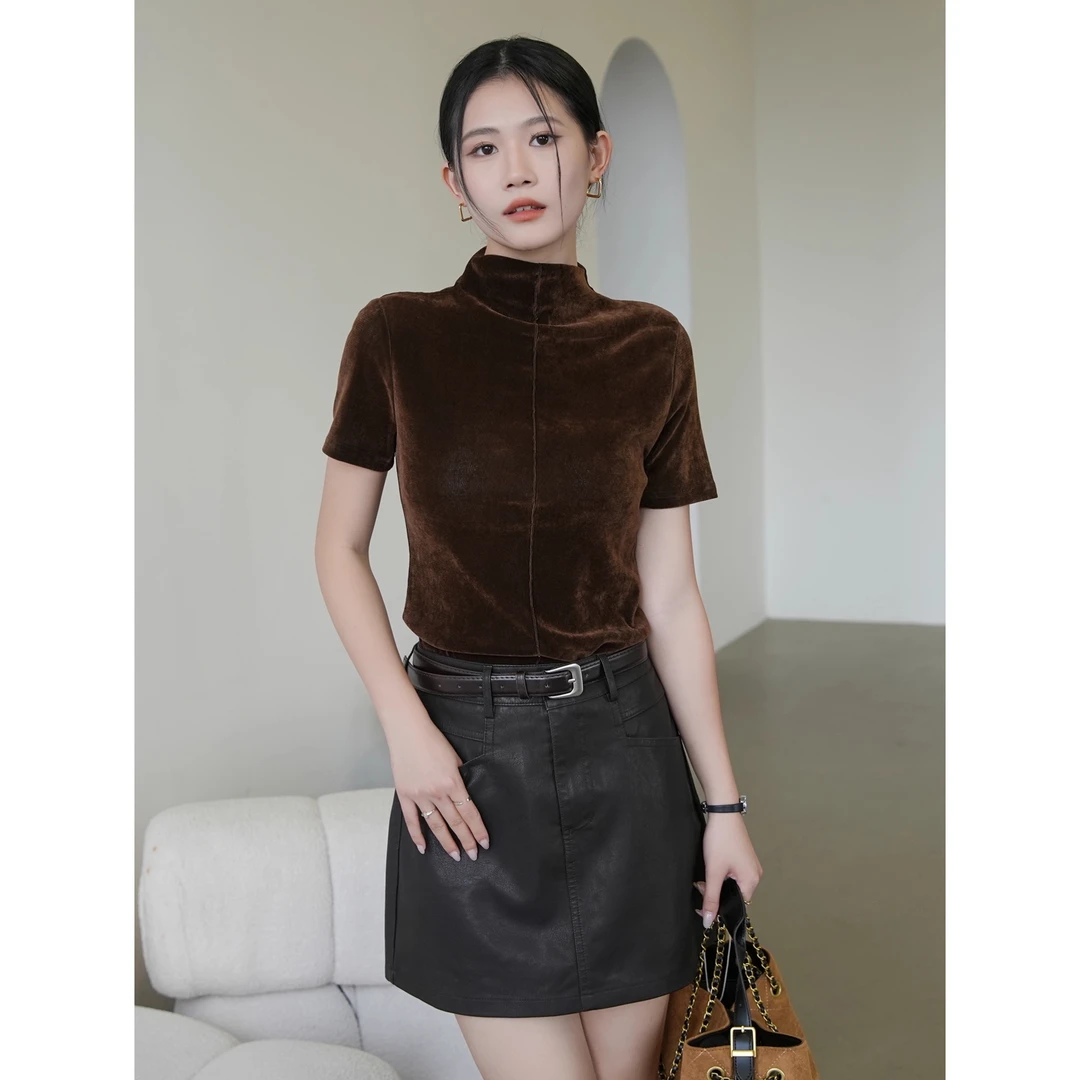 咖色丝绒半高领打底衫2025新款女秋季短袖t恤内搭上衣外穿高级感