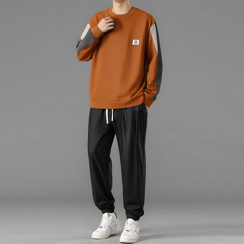 潮流套装男士2025春秋季新款青少年拼接圆领卫衣休闲直筒裤两件套
