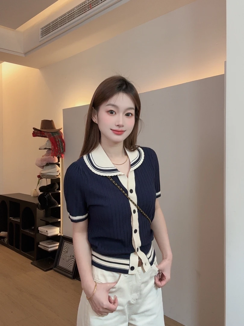 (小陈29)1-100藏蓝色2025韩系甜美针织衫春夏薄款时尚休闲短袖