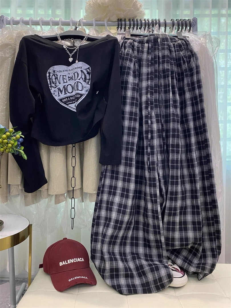 「小吴家」韩系穿搭一整套新款长袖T恤➕格子阔腿裤两件套