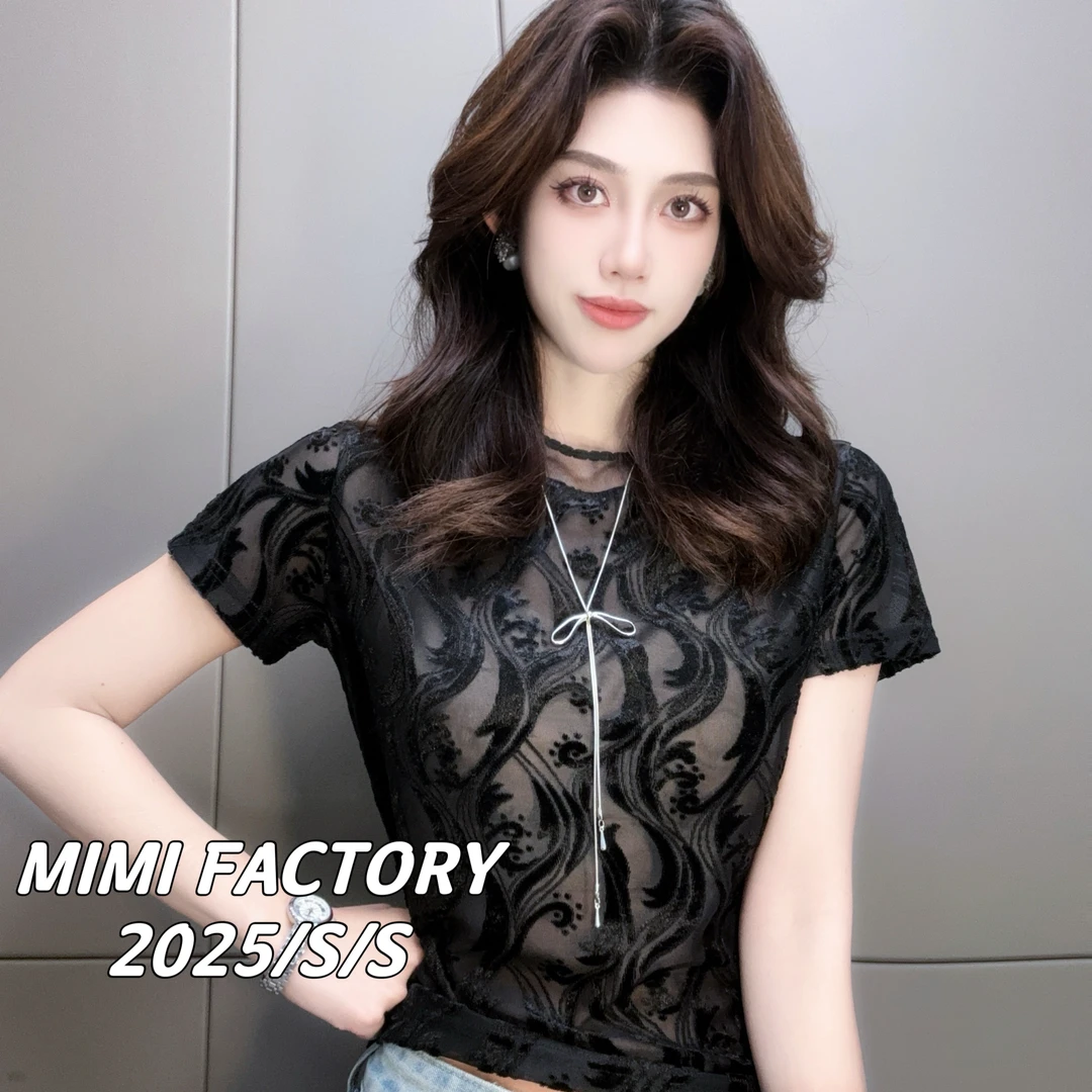 2025夏季新款 欧货网纱植绒透气短袖T恤女修身显瘦上衣4771#