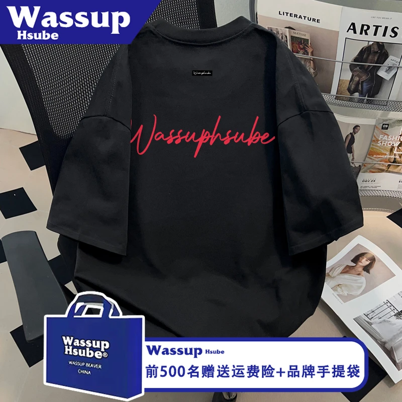 WASSUP HSUBE创意字母印花潮牌T恤ins夏黑色短袖男女纯棉凉感上衣