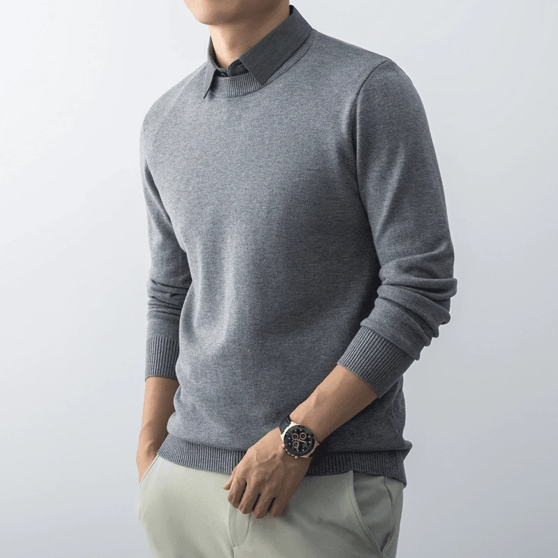 2025秋冬季毛衣男士休闲百搭纯色打底针织衫假两件中青年翻领上衣