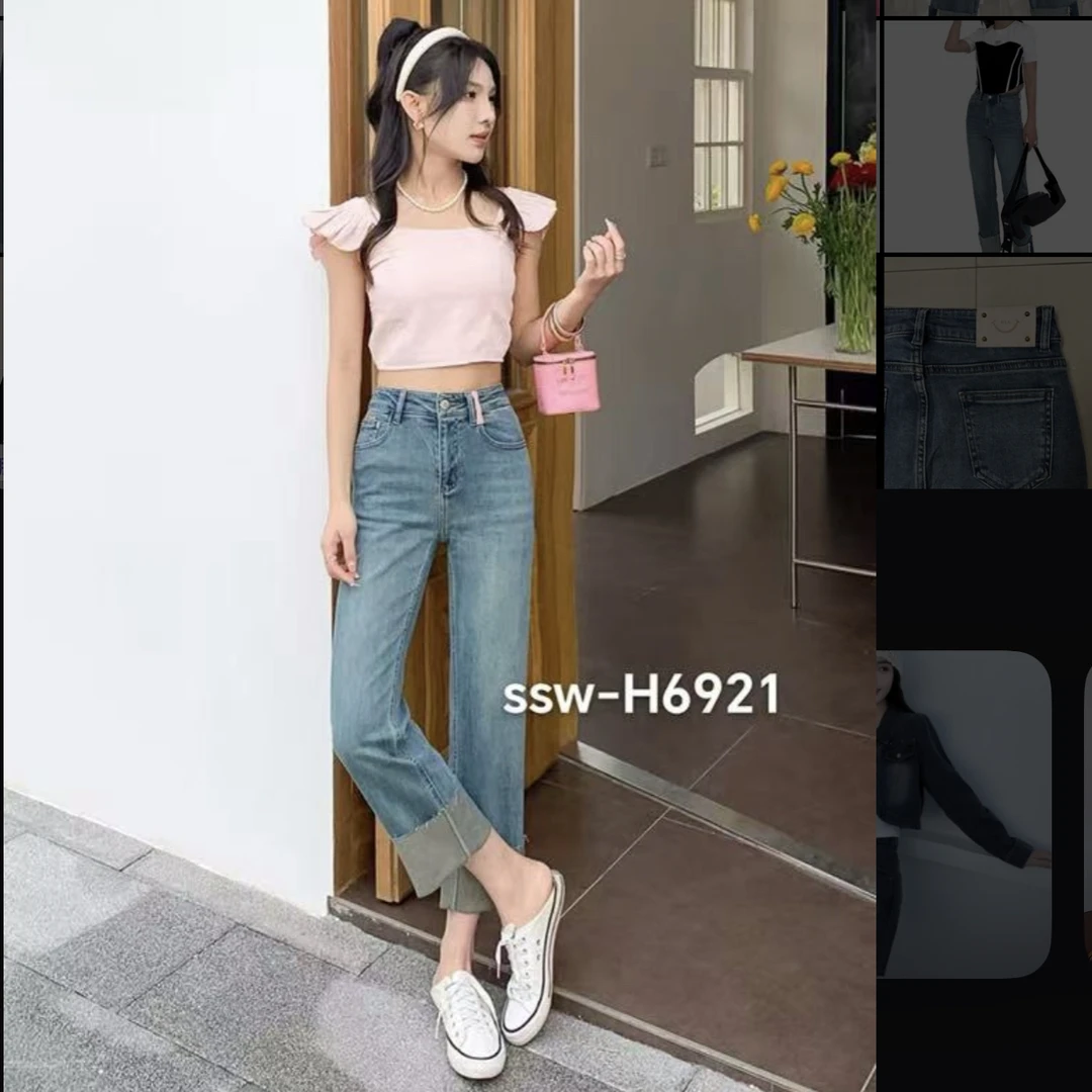 【素境】6921东哥家蓝色高腰直筒卷边牛仔裤时尚休闲百搭显瘦长裤4）