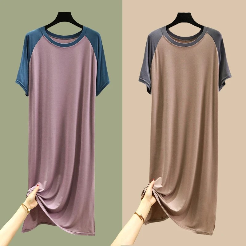 莫代尔圆领家居裙女夏季可外穿大码宽松睡裙连衣裙简约打底裙长裙