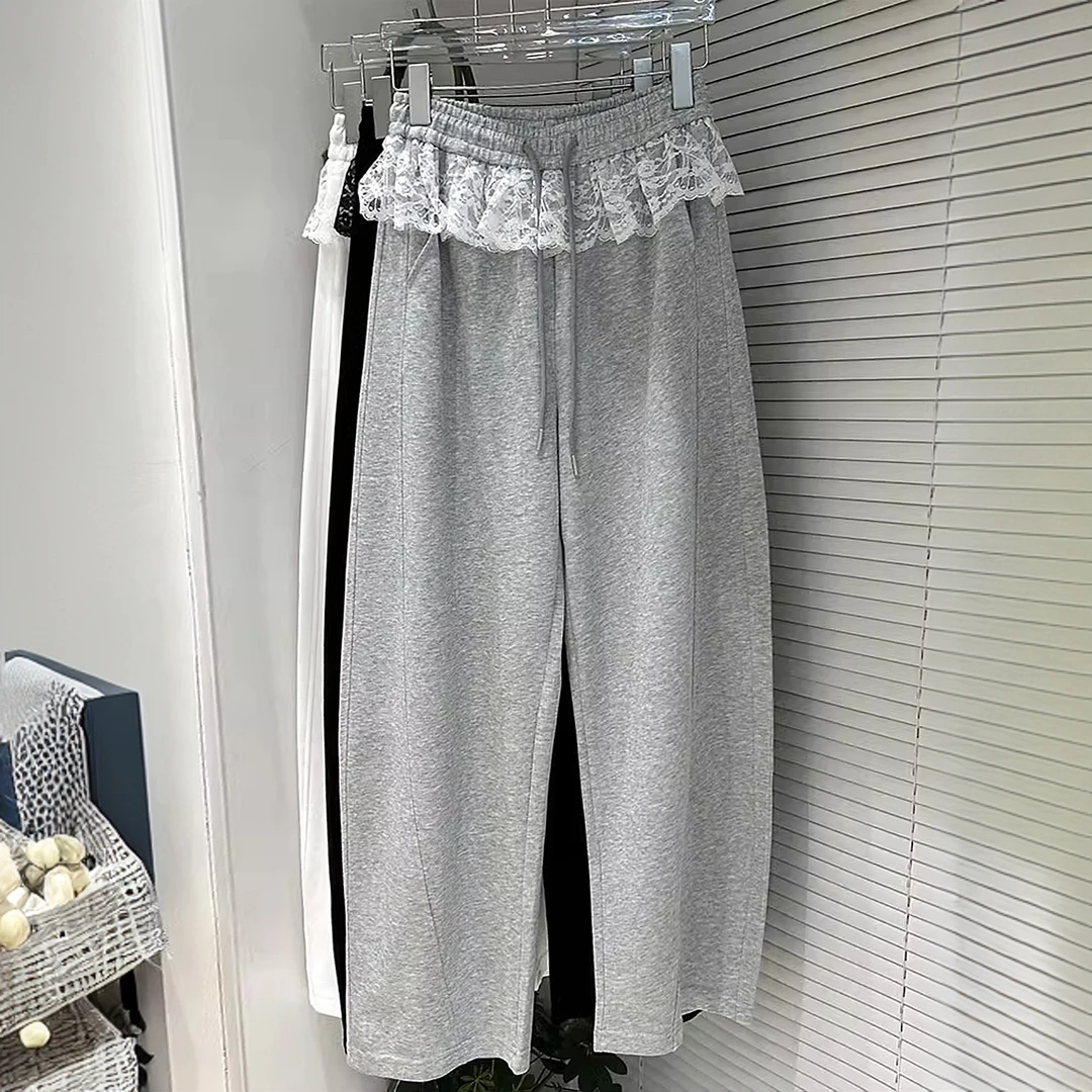 韩系蕾丝花边阔腿卫裤女2025春秋新款高腰宽松直筒裤休闲运动裤潮