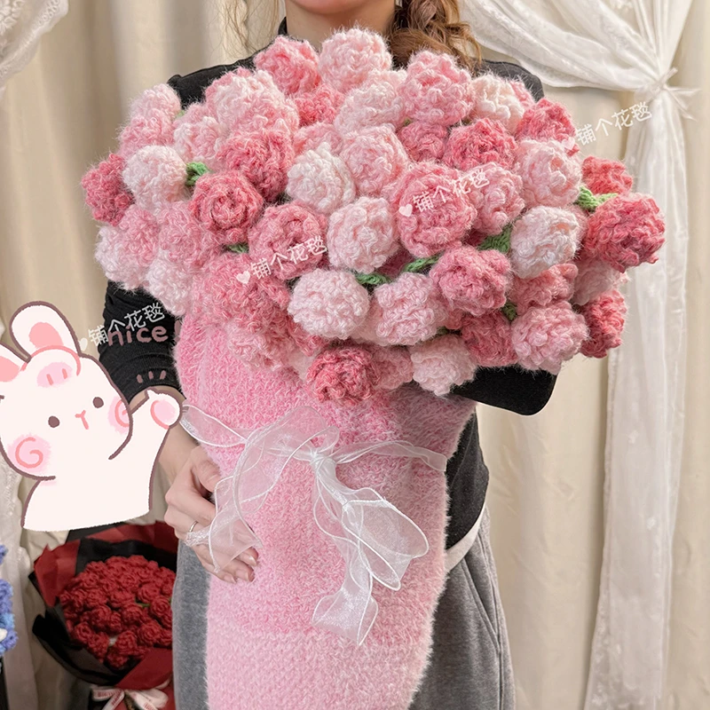 【尖角渐变加绒】玫瑰花束毯子花毯毛线手工编织毯闺蜜礼盒生日礼物