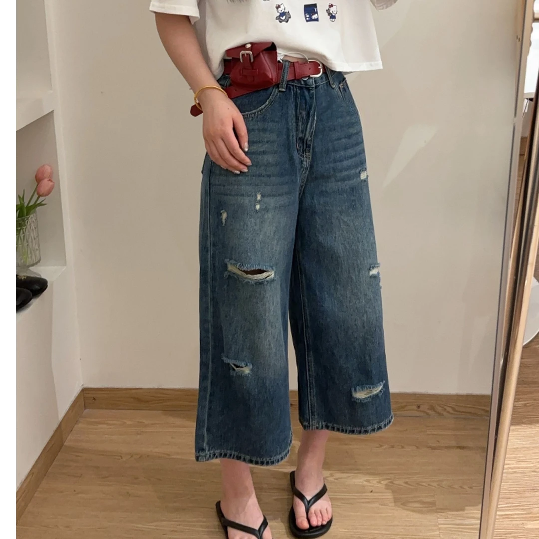 秋季新款破洞水洗高腰显瘦牛仔设计裤子宽松休闲百搭慵懒牛仔裤女