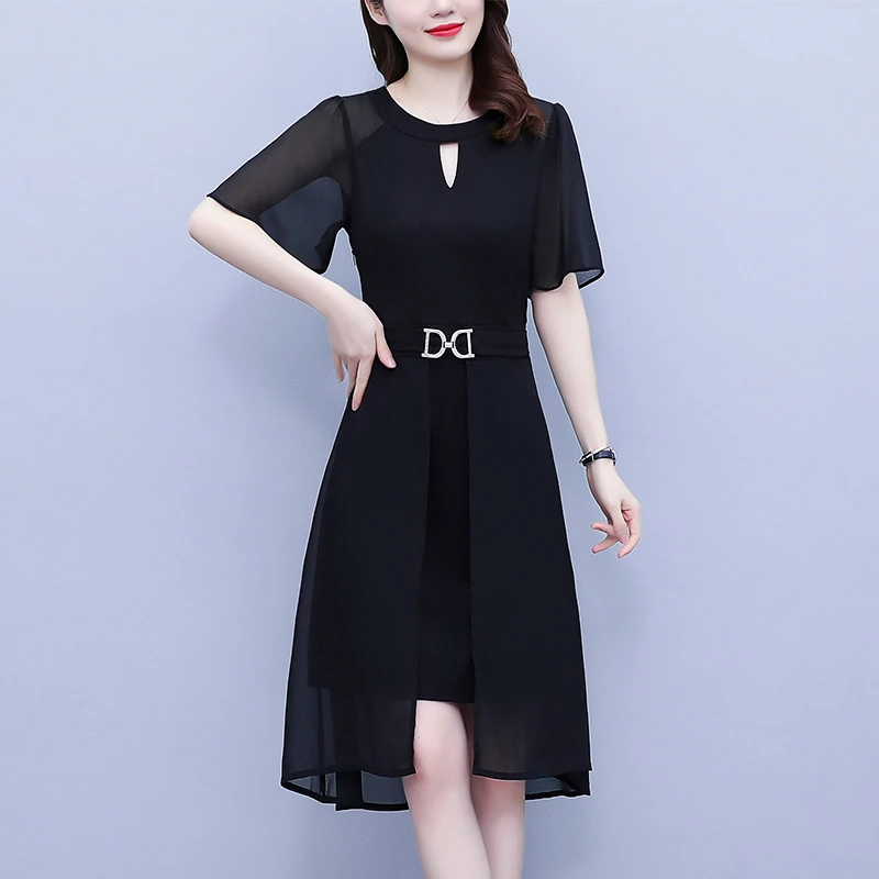 职场女装大码胖修身显瘦中长款镂空雪纺短袖遮肉显瘦连衣裙夏