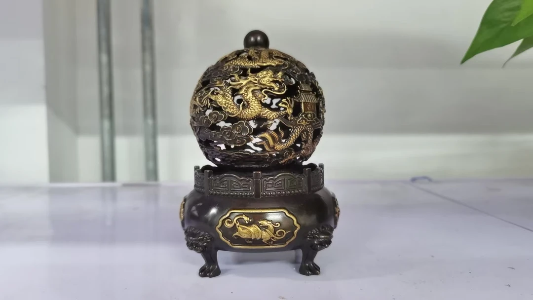 天天古铜精品铜器镂空五龙鎏金转转炉