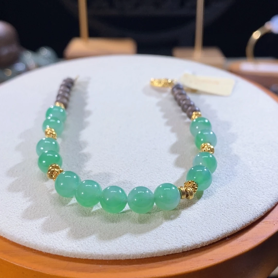 翡翠18K金镶嵌吊坠(不含链)翡翠冰甜绿色手串