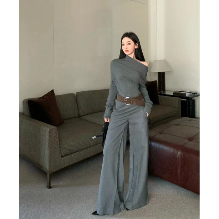 灰色西装阔腿裤女装春季辣妹低腰垂感休闲裤宽松微喇叭裤子拖地裤