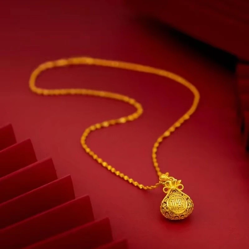 合金吊坠 国潮镂空花丝福袋吊坠项链合金花丝福钱袋女士锁骨链