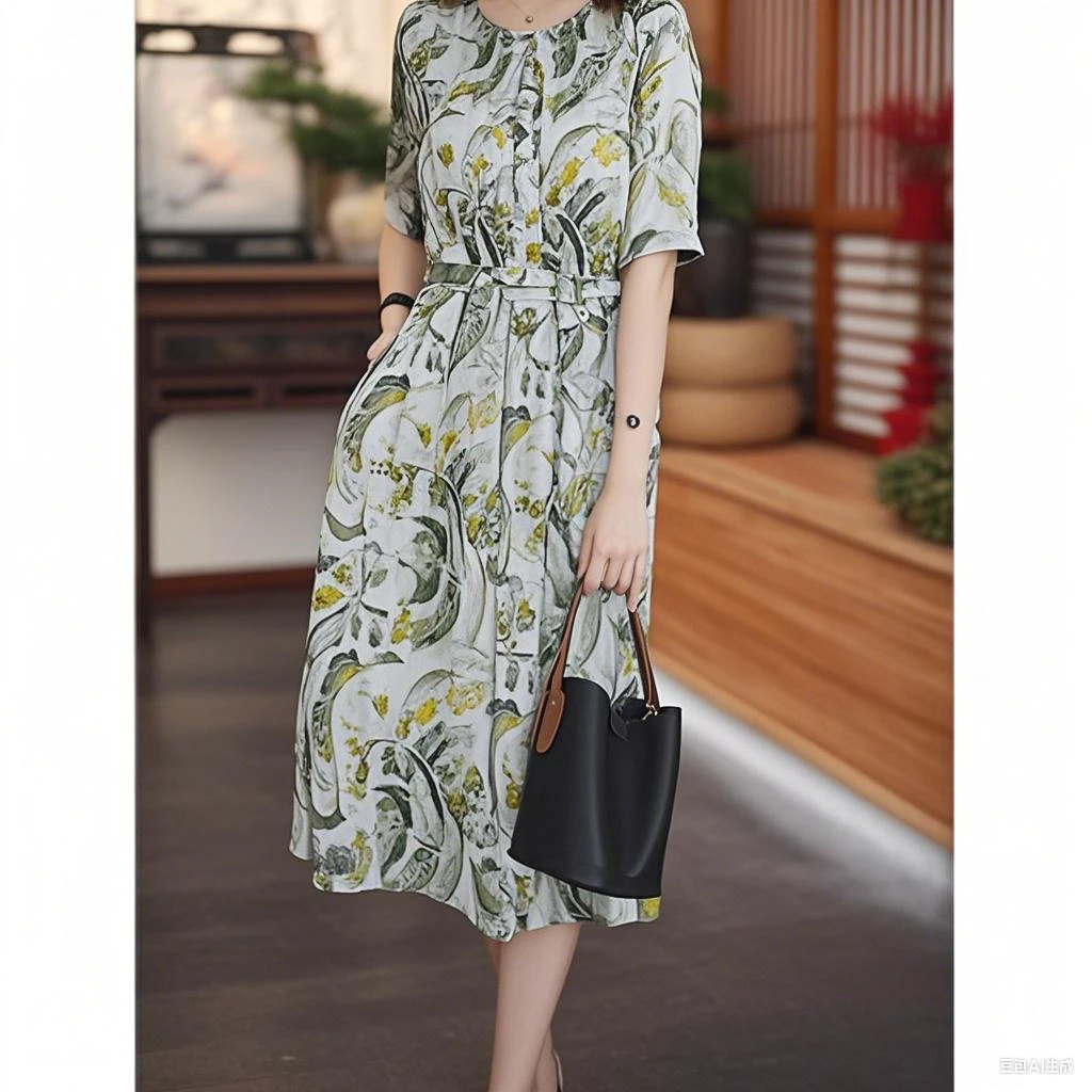 【湖光秋色】25新款真丝桑蚕丝连衣裙夏季气质宽松裙12557