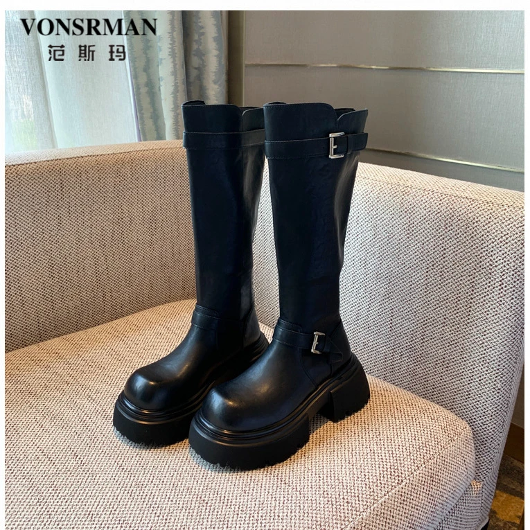 范斯玛厚底长筒靴女2025年新款复古百搭增高显瘦不过膝骑士长靴