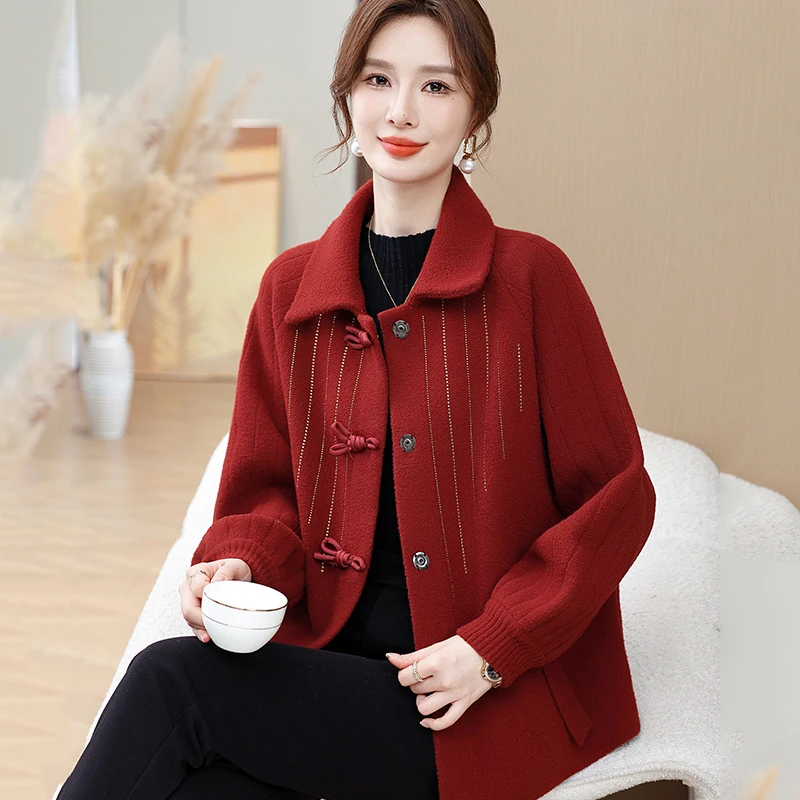 妈妈冬装外套洋气翻领毛呢上衣2024新款中老年女高贵短款大衣气质