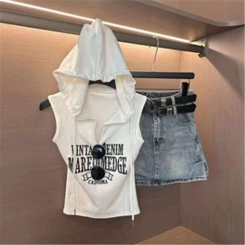 欧货连帽背心女2025夏季新款字母印花修身显瘦无袖t恤打底衫上衣