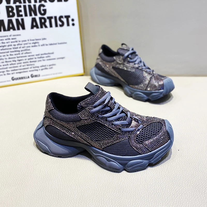 潮流透气烫面水钻老爹鞋2025夏季新款皮网拼接厚底增高运动休闲鞋