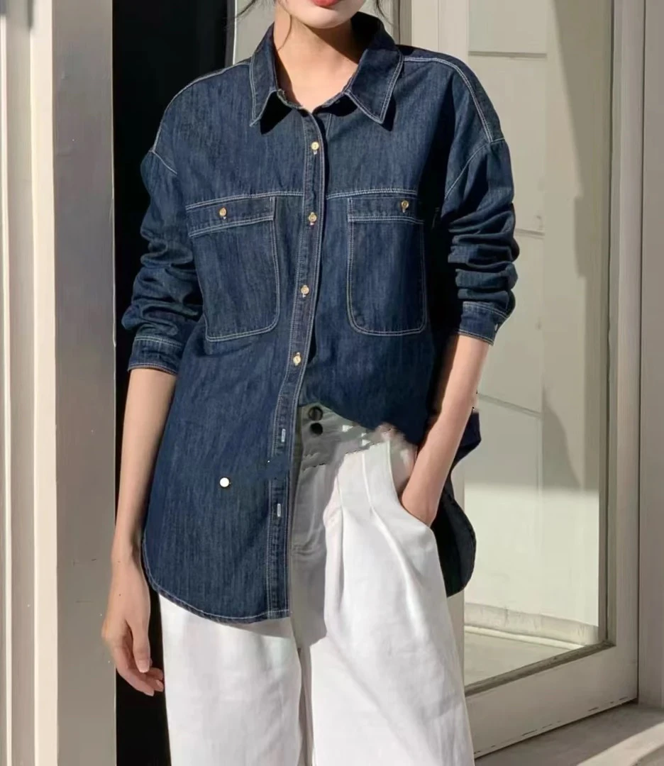 2024年新款深蓝色牛仔衬衫外套女衬衣宽松百搭显瘦内搭上衣服1932