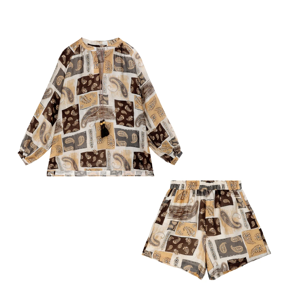 RATZ52929夏日波西米亚风单排扣圆领长袖设计感慵懒风印花套装