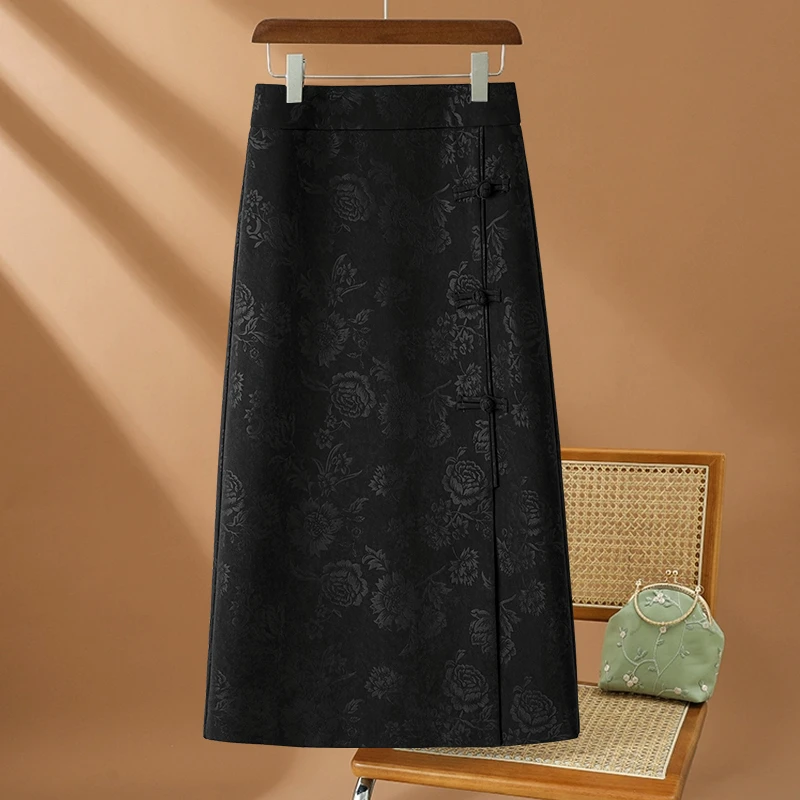 拉夏贝尔黑色新中式半身裙女春秋中长款2025国风半裙开叉包臀裙子