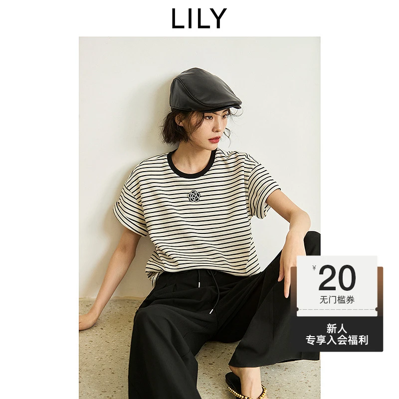 【一秒入夏】LILY2025夏新款洋气休闲宽松条纹短袖T恤女125209VT977