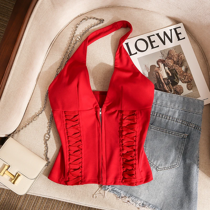 辣妹红色挂脖吊带背心女夏季性感美背外穿修身内搭打底衫抹胸上衣