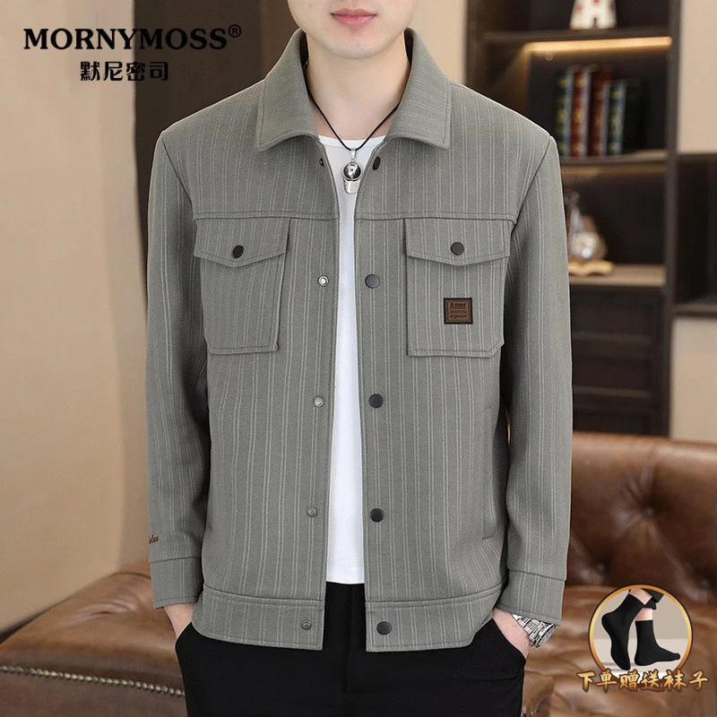 休闲夹克男2025春秋季新款工装外套潮流翻领条纹中青年男士上衣