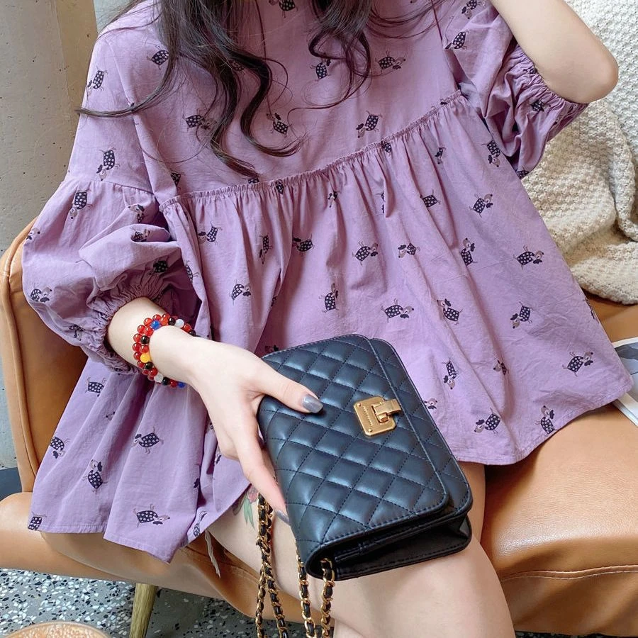 娃娃衫上衣2025年春夏季圆领套头洋气灯笼袖蓬蓬碎花衬衫宽松女