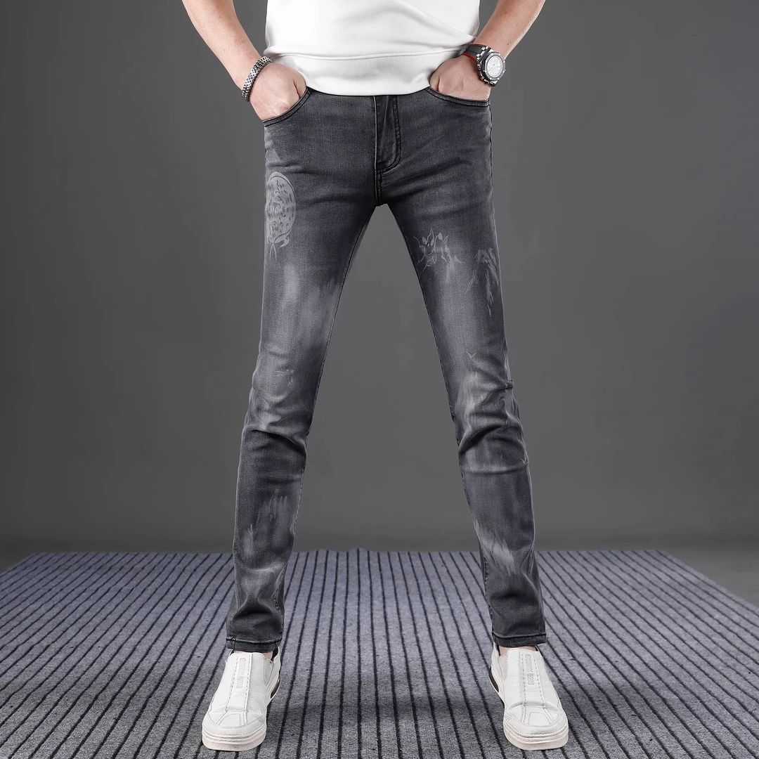 潮牌印花男士牛仔裤男款爆款2025新款夏季修身小脚高端弹力裤子男
