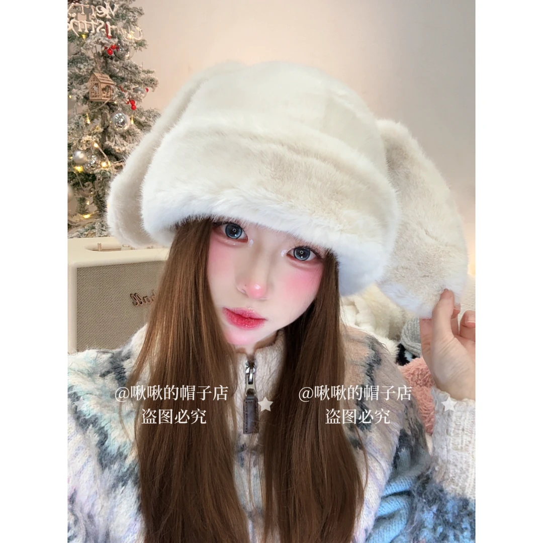 扮小兔好累~ | 可爱兔耳朵毛绒帽子女冬保暖显脸小套头帽包头帽