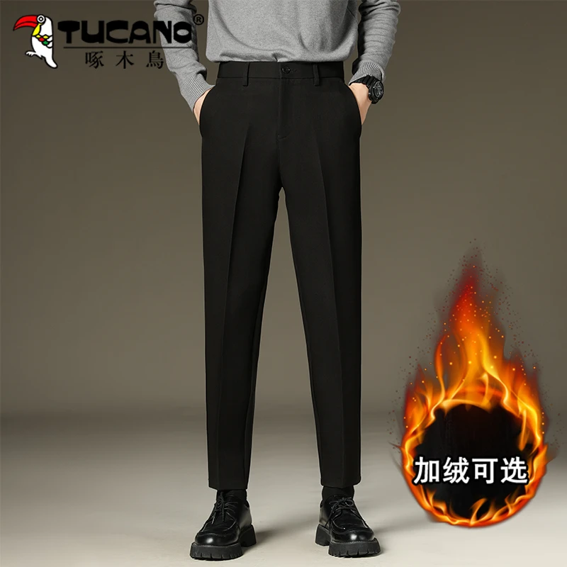 啄木鸟垂感小西裤男士秋冬季加绒加厚款微锥九分裤直筒休闲西装裤
