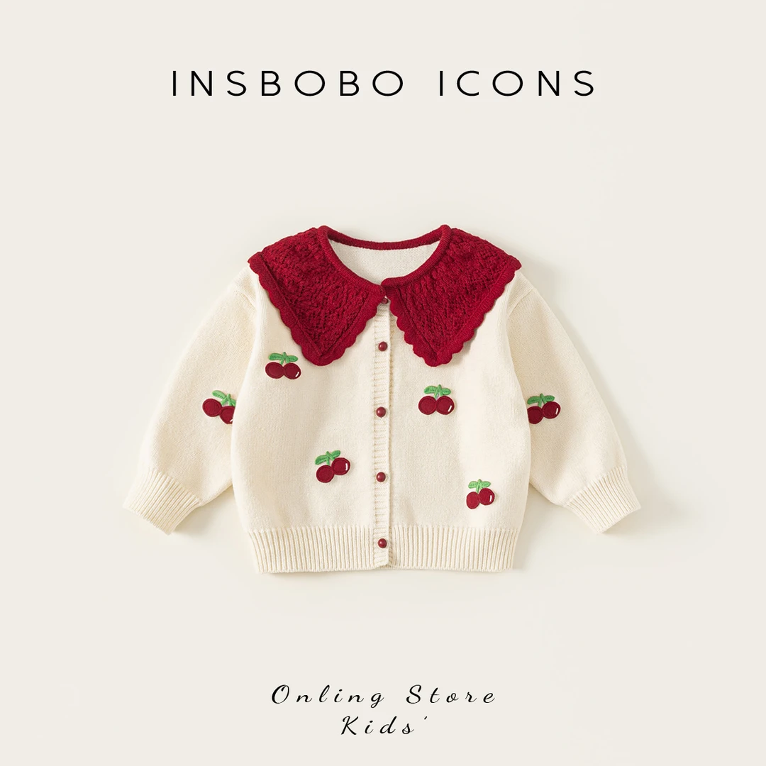 INSbobo秋款儿童大翻领撞色贴布绣花装饰系扣毛衣外套QY25171