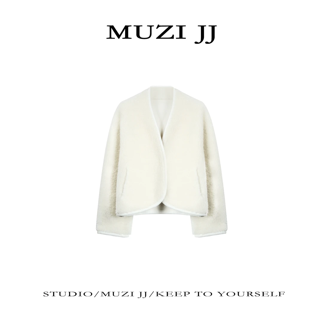 MUZI-2518#极简气质新款净色百搭V领暗扣宽松短款外套