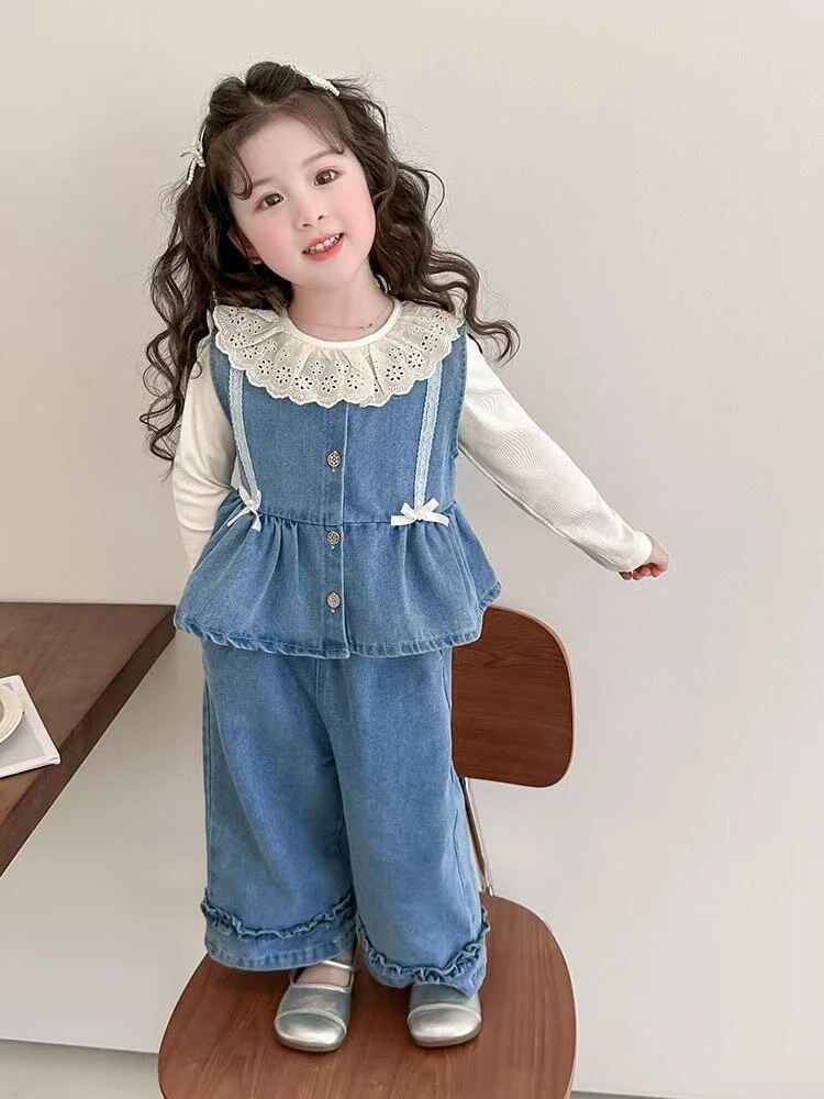 女童春款洋气牛仔马甲三件套