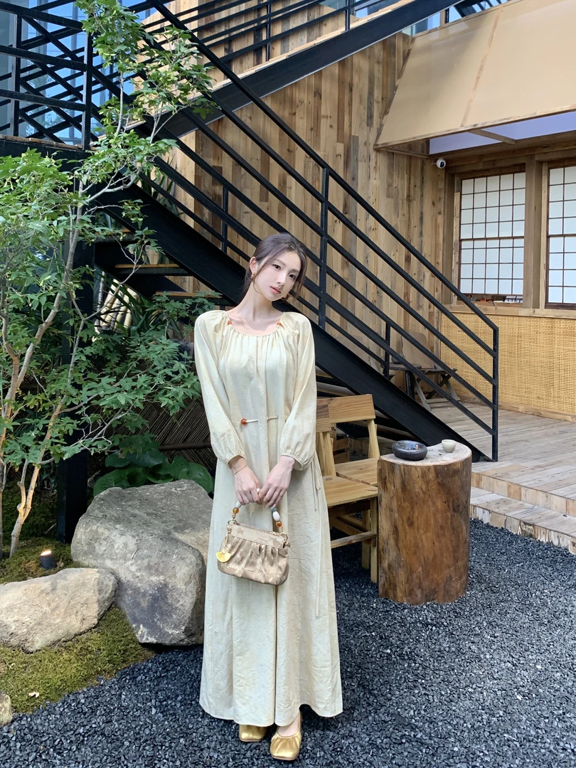 EIA一尧【菩提】禅意气质松弛感宽松连衣裙慵懒感串珠系带收腰长裙