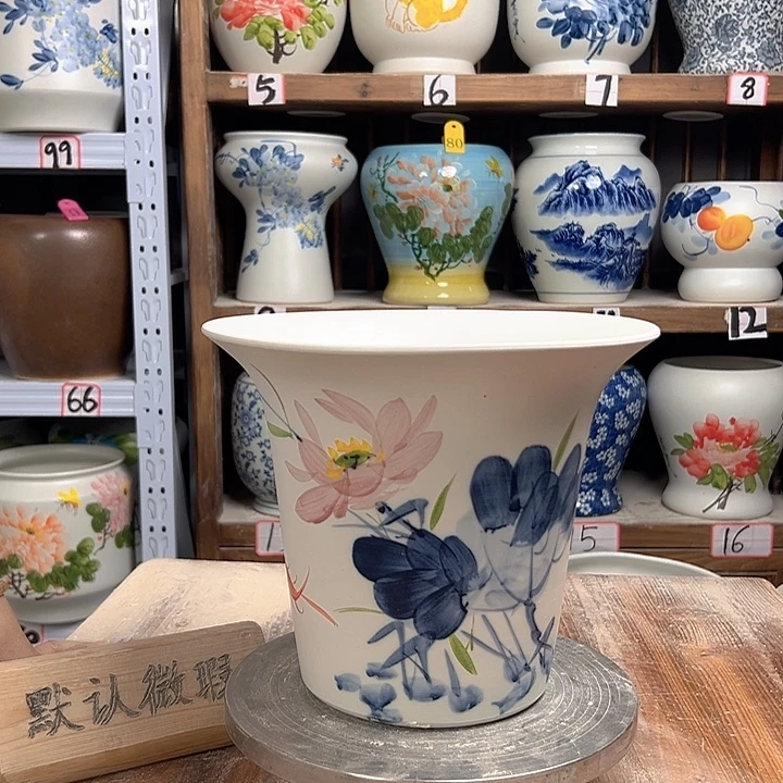 陶斗笠青花荷花陶瓷