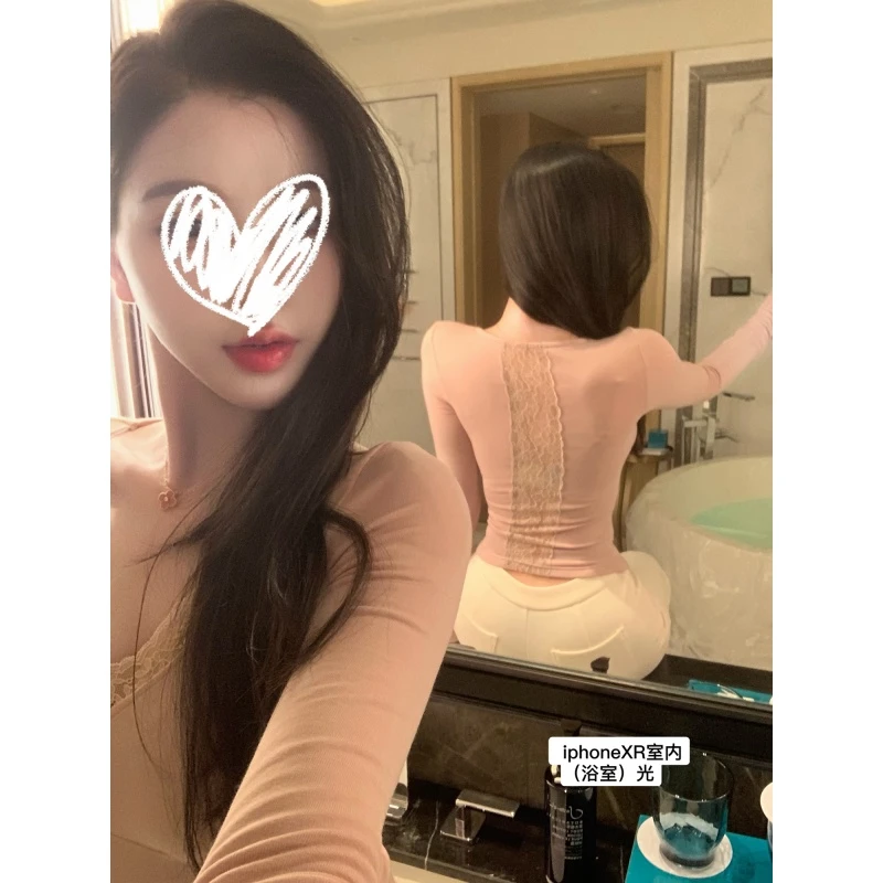 莎莉花园 纯欲性感蕾丝V领露背修身显瘦长袖秋冬T恤女打底衫01763