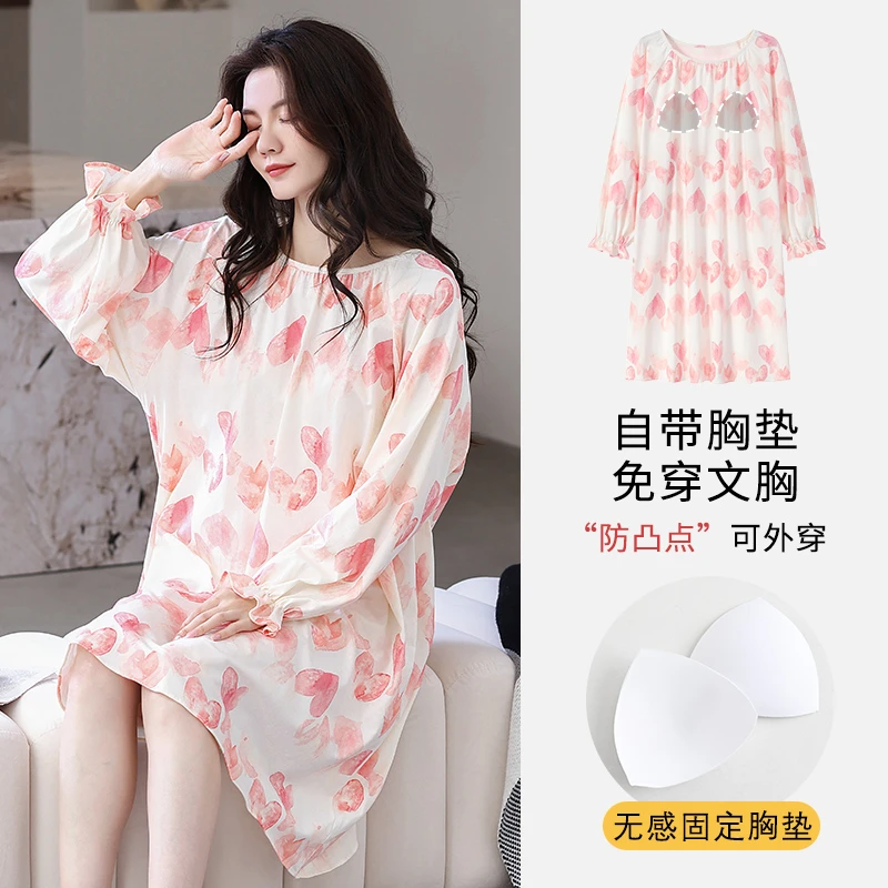 帕兰朵春秋冬套头女睡裙带胸垫100%纯棉学生少女长袖中长款家居裙