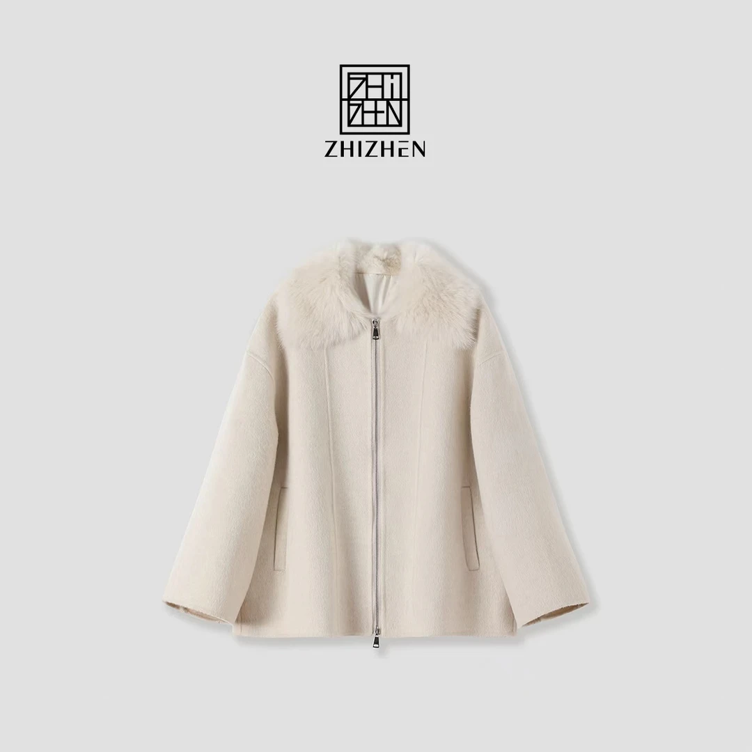 【温暖绒光】托斯卡纳皮毛一体毛领拼接双面呢大衣外套女