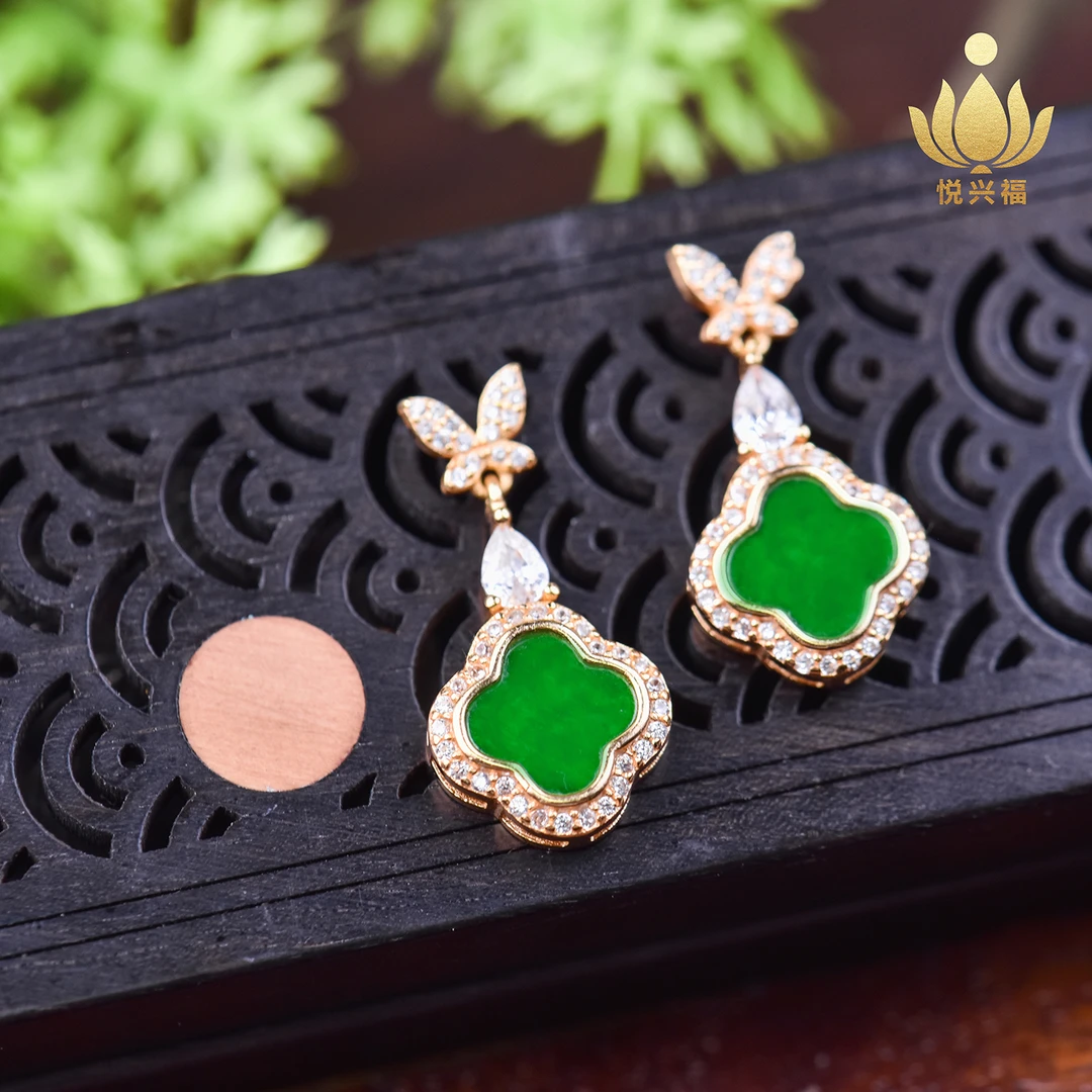 缅甸A货翡翠轻奢时尚精致百搭四叶草耳钉S925银多样性发
