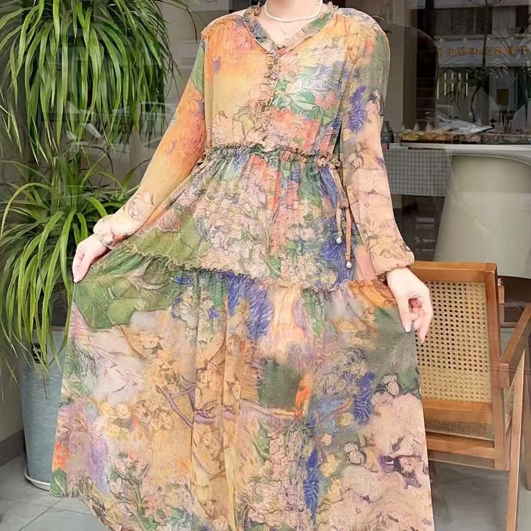 高品雪纺蛋糕裙 不带衬 飞边领 两侧抽腰绳宽松显瘦